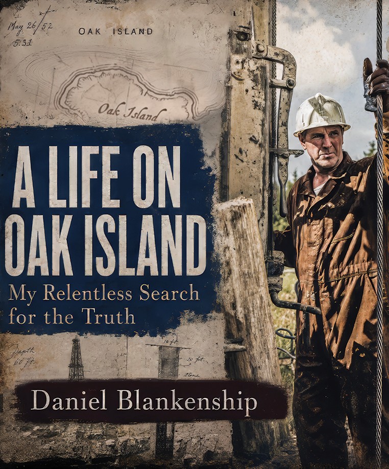 Cover of the book A Life on Oak Island — My Relentless Search for the Truth by Daniel Blankenship, showing Dan Blankenship on the island beside a borehole rig